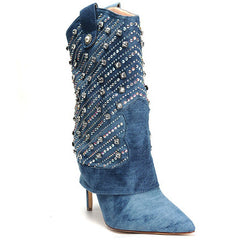 Pointed Toe Stiletto Rhinestone Pipe Boots