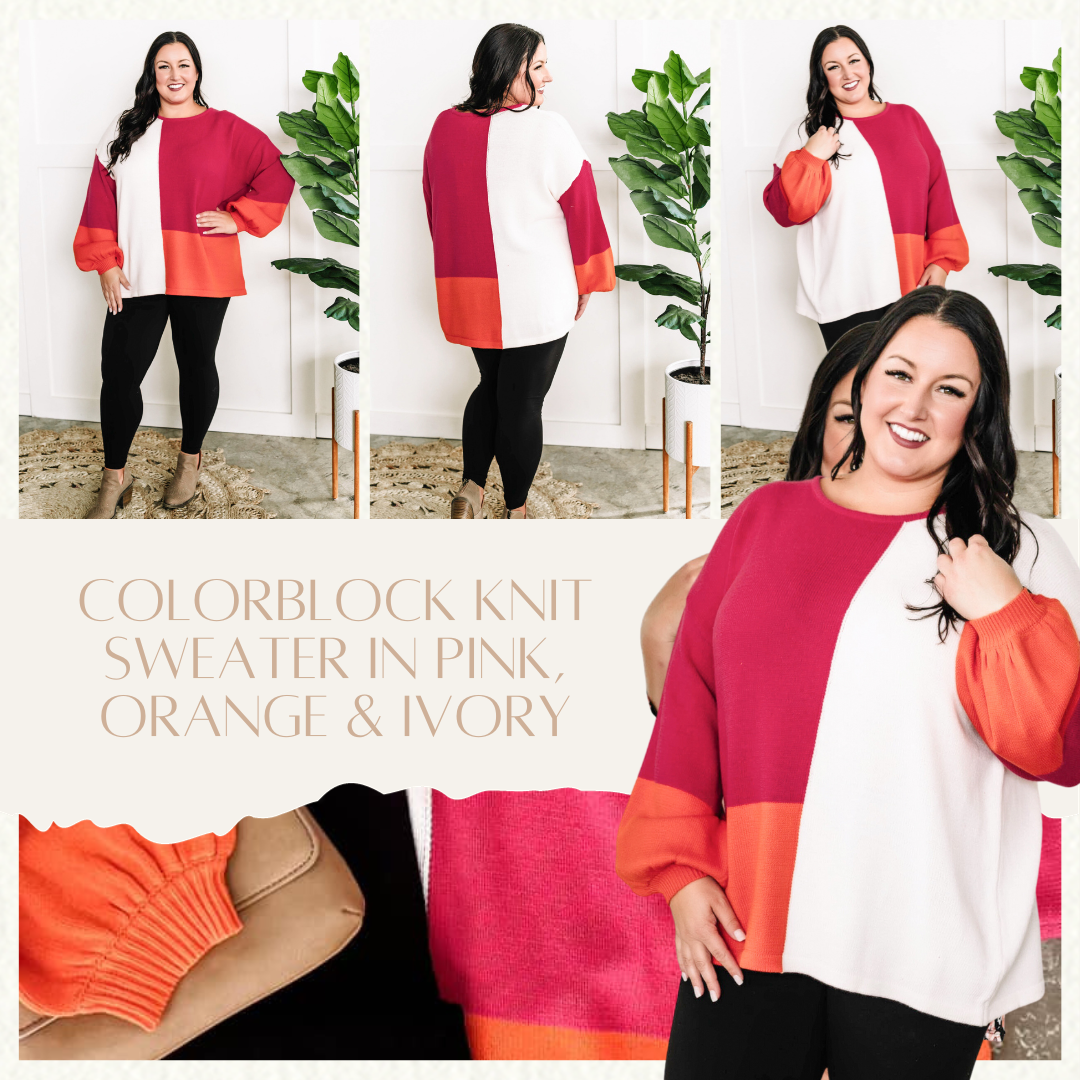 ColorBlock Knit Sweater In Pink, Orange & Ivory