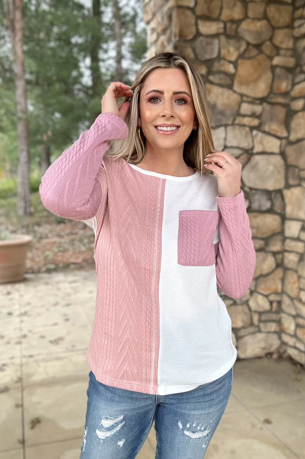 Color Block Chest Pocket Textured Knit Top, Pink