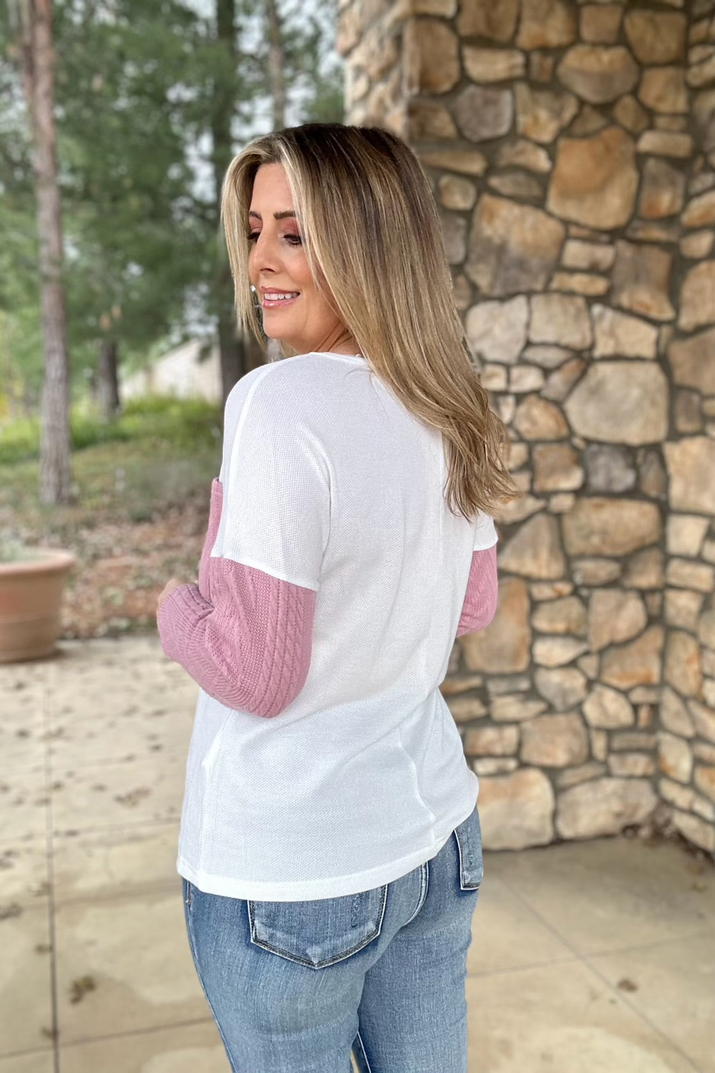 Color Block Chest Pocket Textured Knit Top, Pink