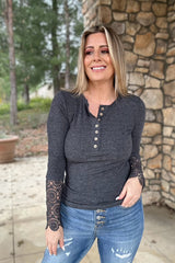 Dark Grey Crochet Lace Hem Sleeve Button Top