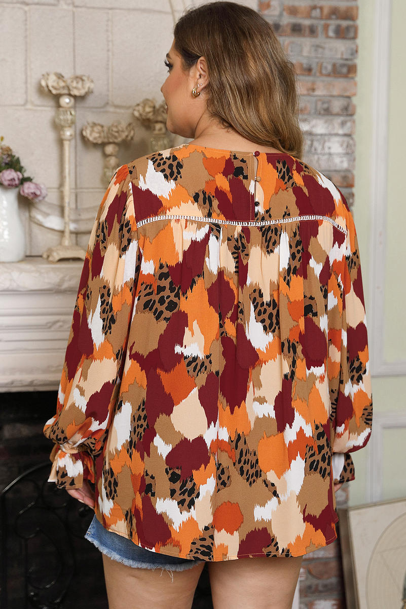 Multicolor Plus Size Abstract Print Balloon Sleeve Blouse