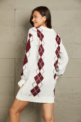 Woven Right Argyle V-Neck Ribbed Trim Sweater Dress