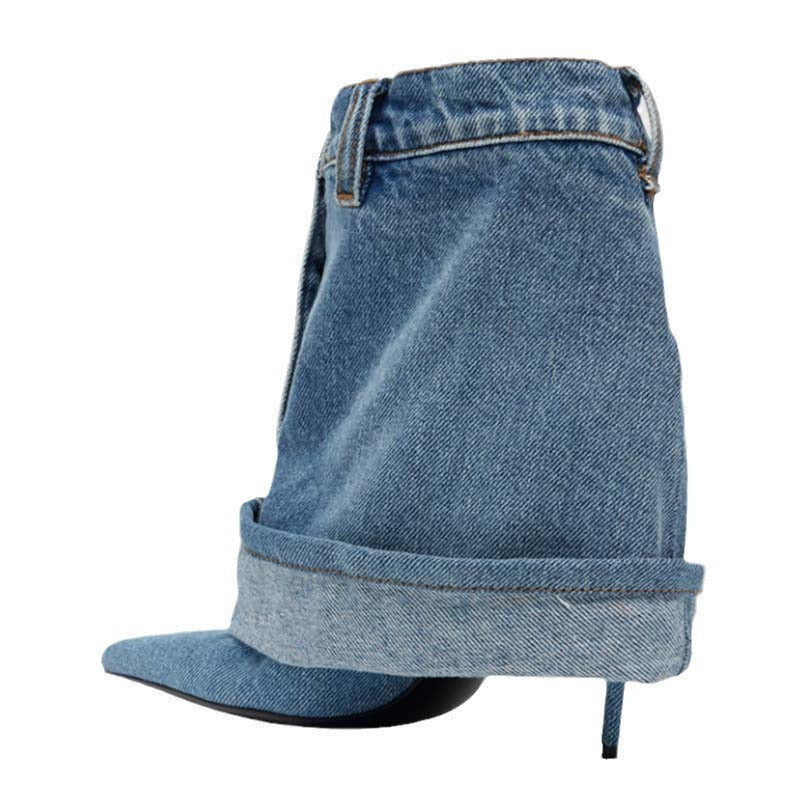 Pointed-toe Washed Denim Pantskirt Stiletto Ankle Boots