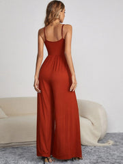 Decorative Button Spaghetti Strap Wide Leg Jumpsuit