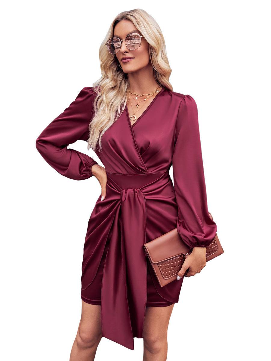 Solid Wrapped Balloon Sleeve Tie Waist Dress