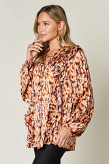 Full Size Printed Ruffle Trim Balloon Sleeve Shirt