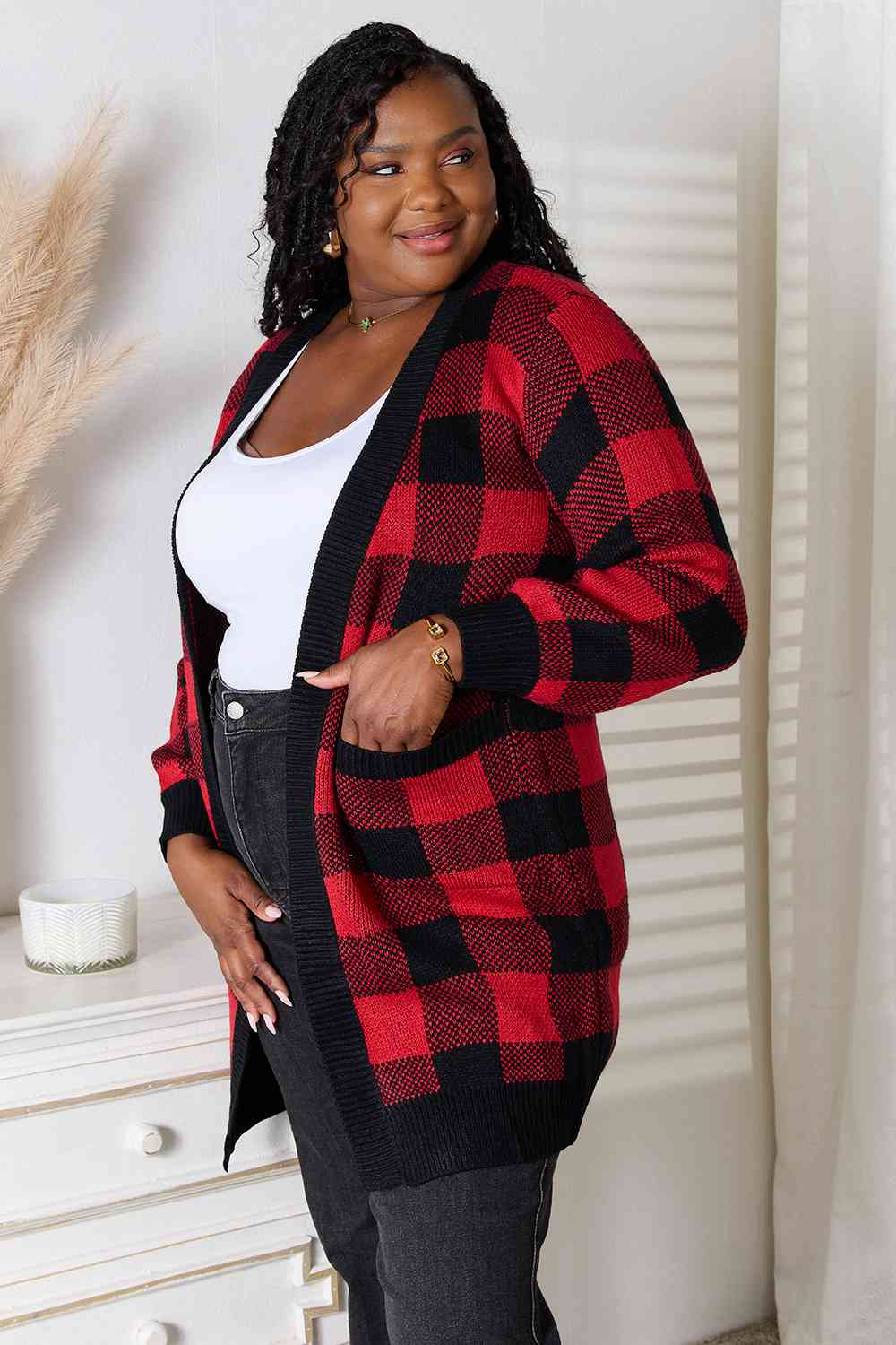 Full Size Plaid Open Front Cardigan with Pockets