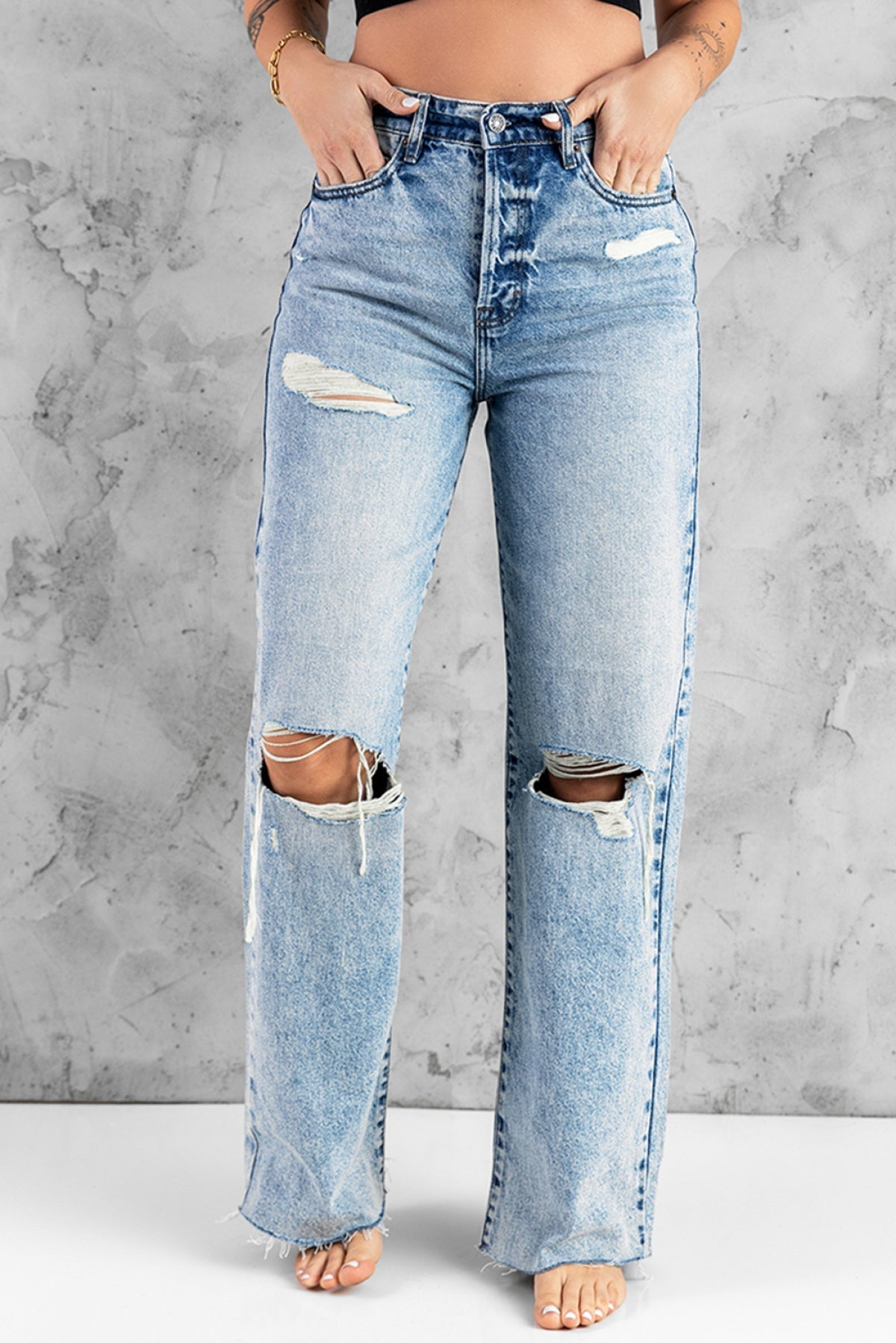 Sky Blue Distressed Hollow-Out Knees Wide Leg Jeans