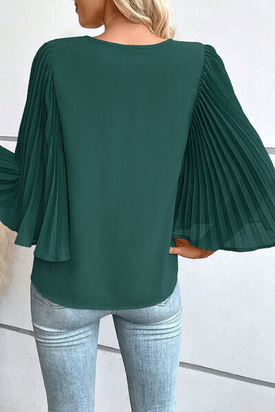 Pleated Flutter Sleeve V-Neck Blouse