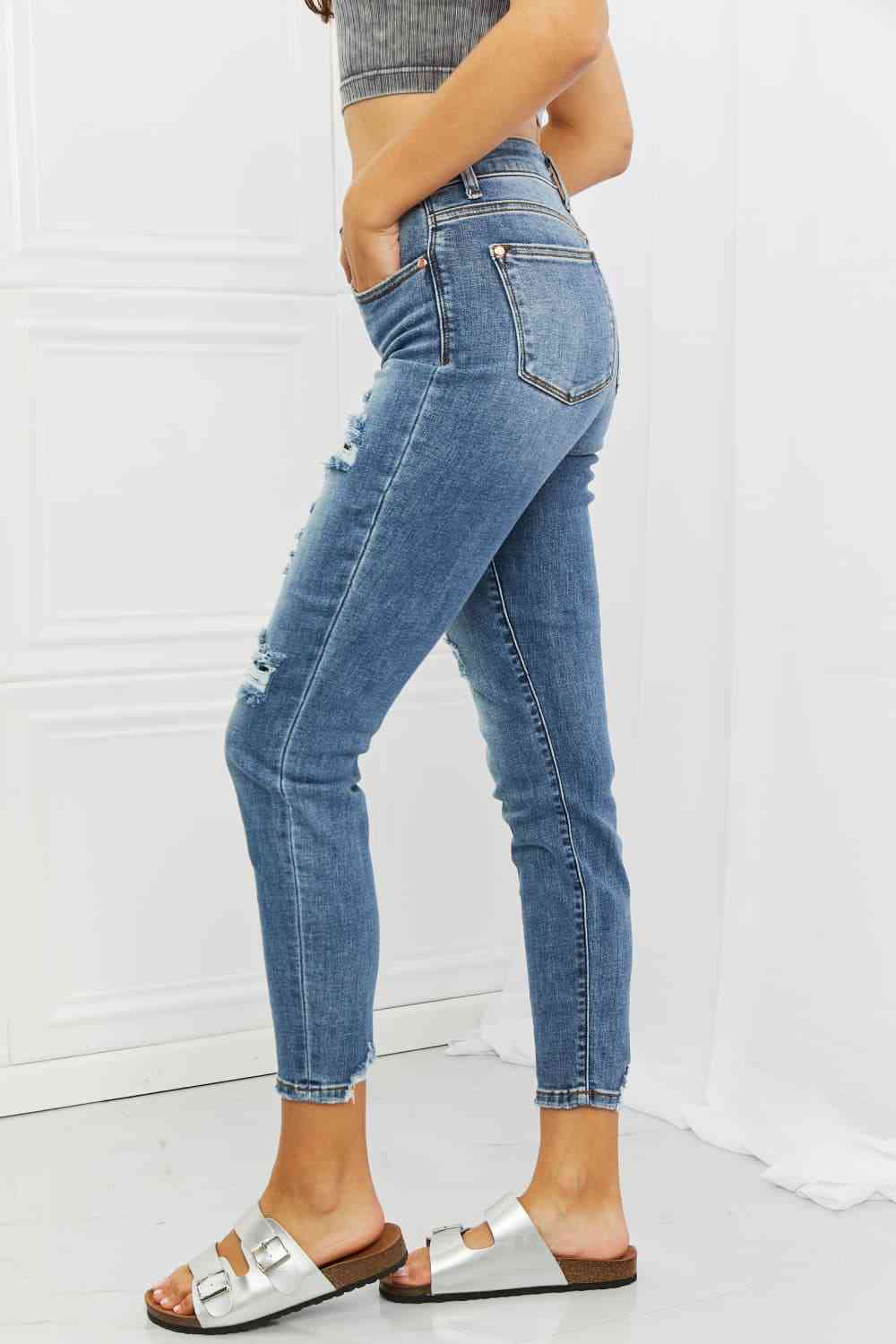 Dahlia Full Size Distressed Patch Jeans