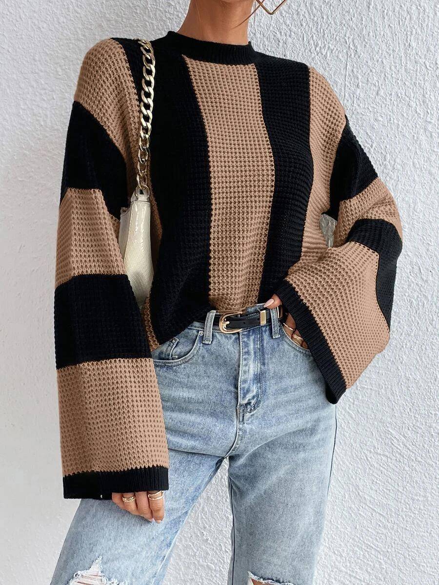 Crew Neck Waffle Drop Shoulder Knit Sweater