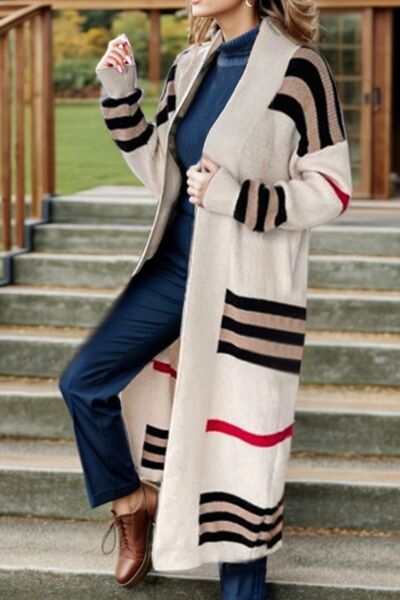 Striped Open Front Long Sleeve Longline Sweater Cardigan