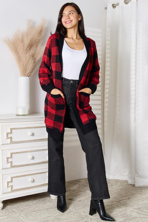 Full Size Plaid Open Front Cardigan with Pockets