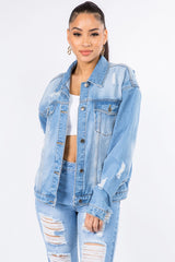 Graphic Distressed Long Sleeve Denim Jacket