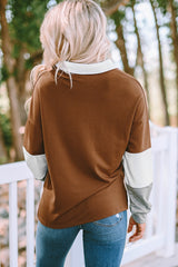 Brown Turn-Down Collar Colorblock Pullover Sweatshirt