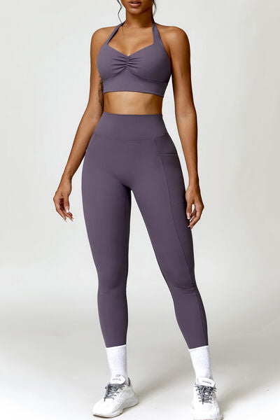 Ruched Halter Neck Bra and Pocketed Leggings Active Set