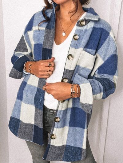 Plaid Pocketed Dropped Shoulder Button Up Jacket