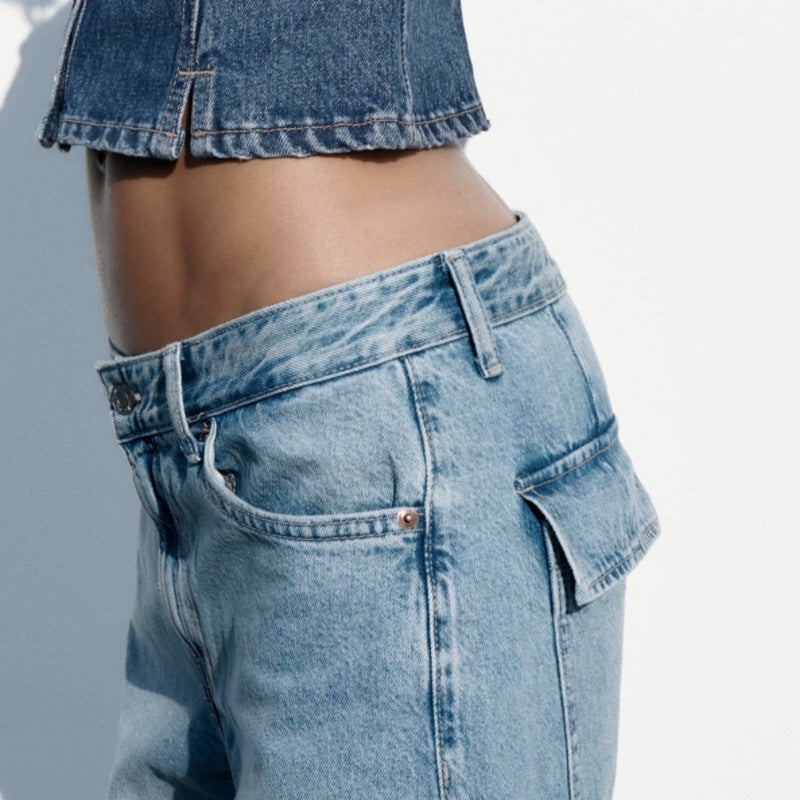 Mid Waist Cargo Jeans