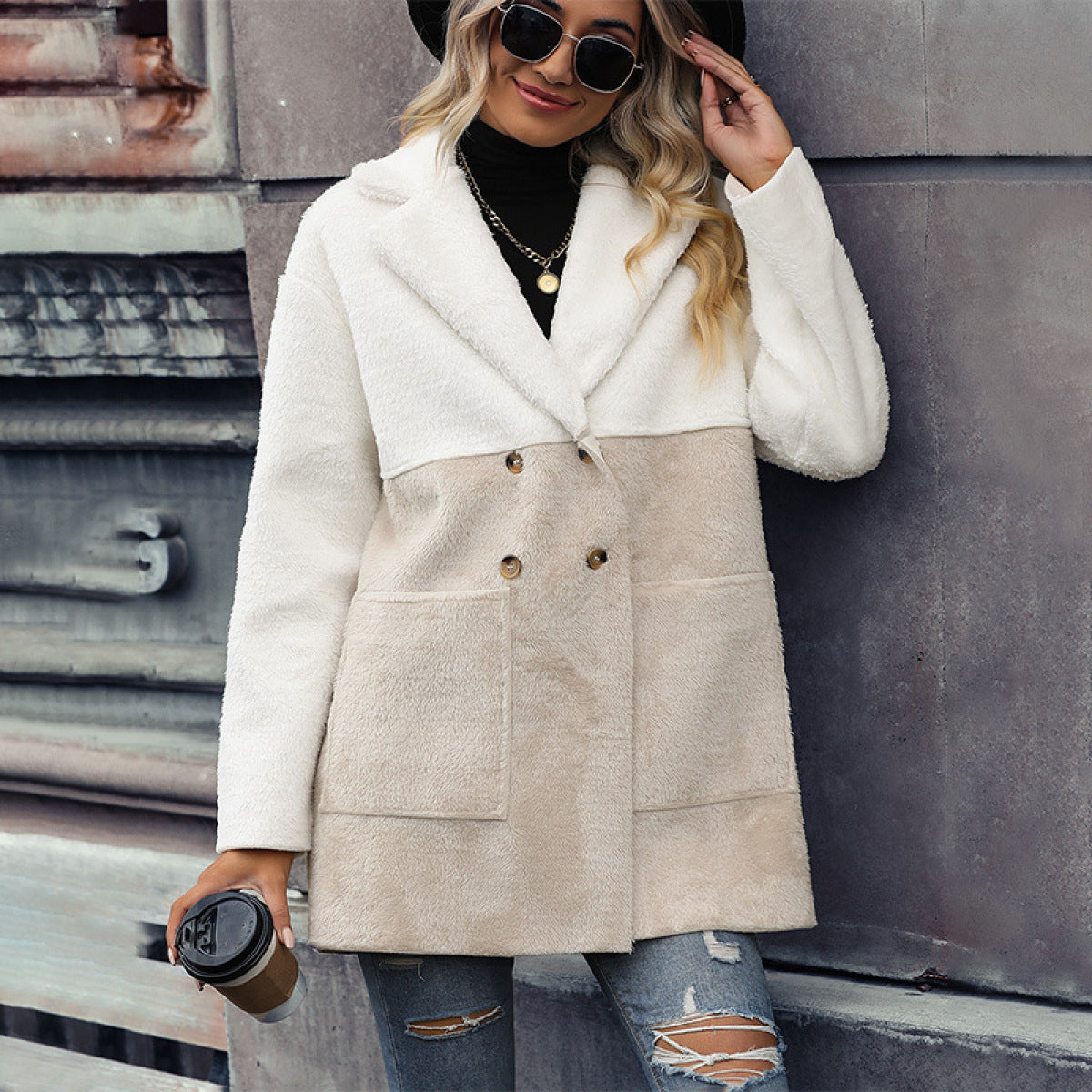 Casual Colorblock Button Down Coat With Pocket