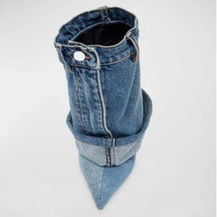 Pointed-toe Washed Denim Pantskirt Stiletto Ankle Boots