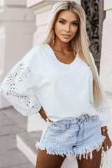 V-Neck Embroidered Splicing Long Sleeve Blouse