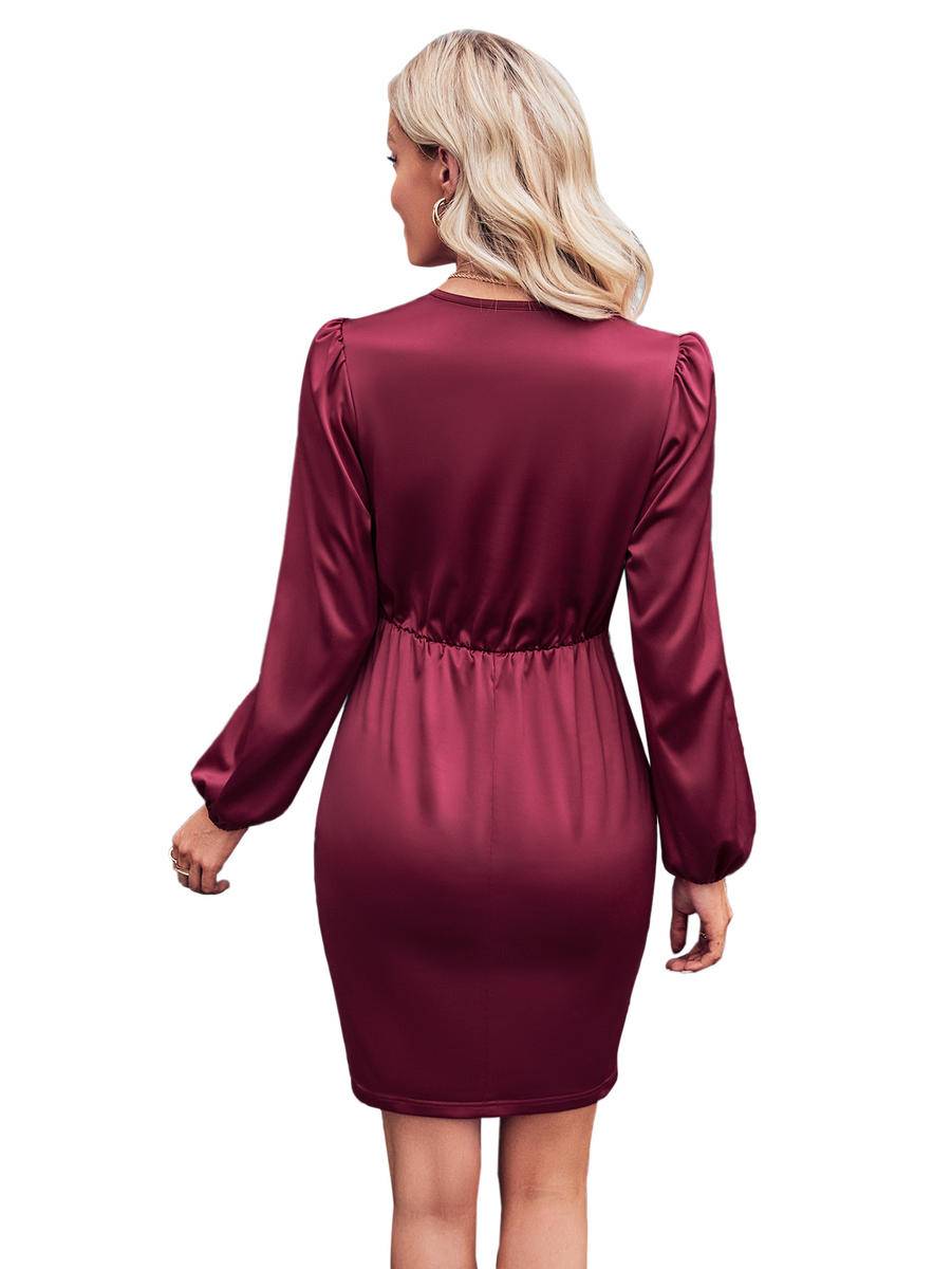 Solid Wrapped Balloon Sleeve Tie Waist Dress