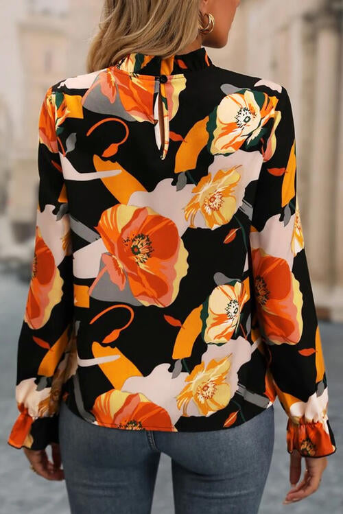 Floral Mock Neck Flounce Sleeve Blouse