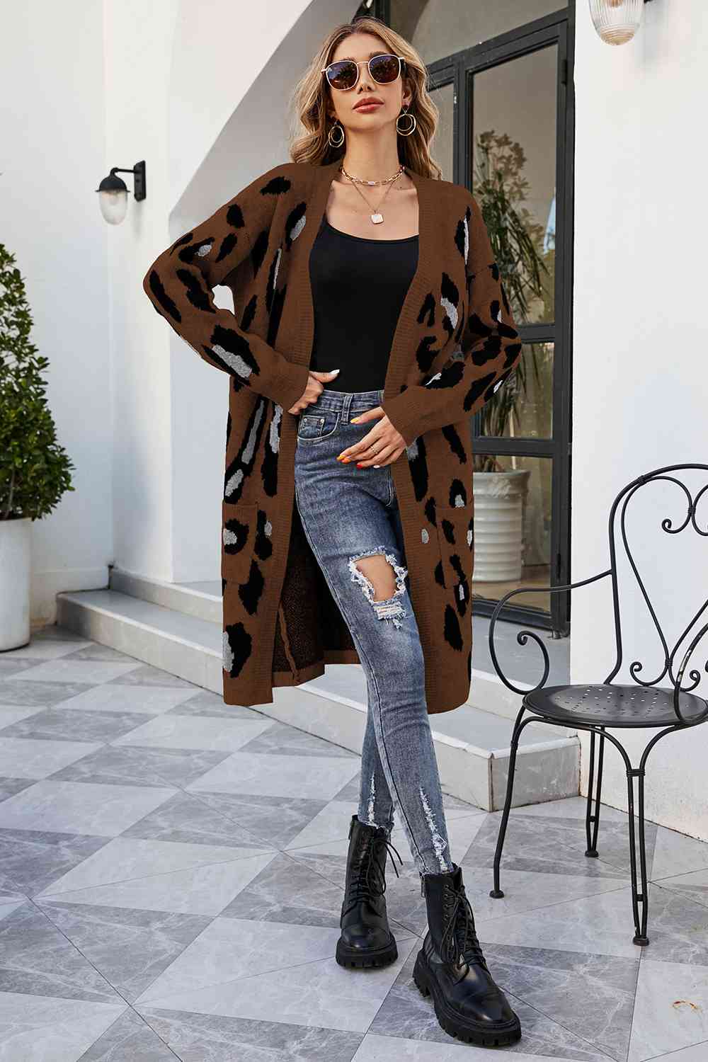 Leopard Open Front Cardigan with Pockets