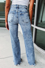 Sky Blue Washed Ripped Wide Leg High Waist Jeans