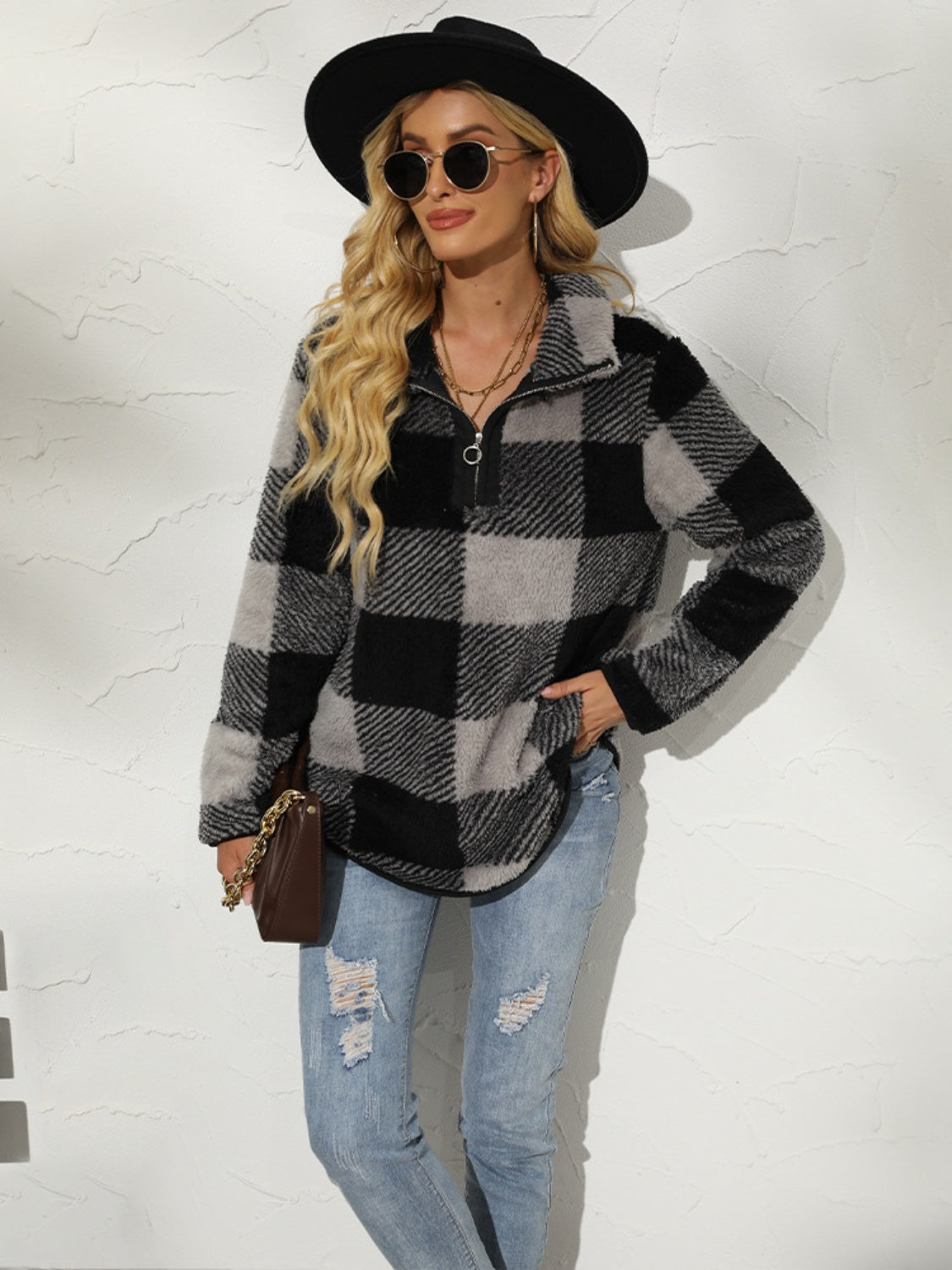 Plaid Half Zip Long Sleeve Sweatshirt