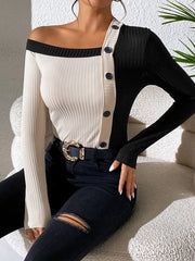 Asymmetrical One Shoulder Contrast Color Buttoned Blouse