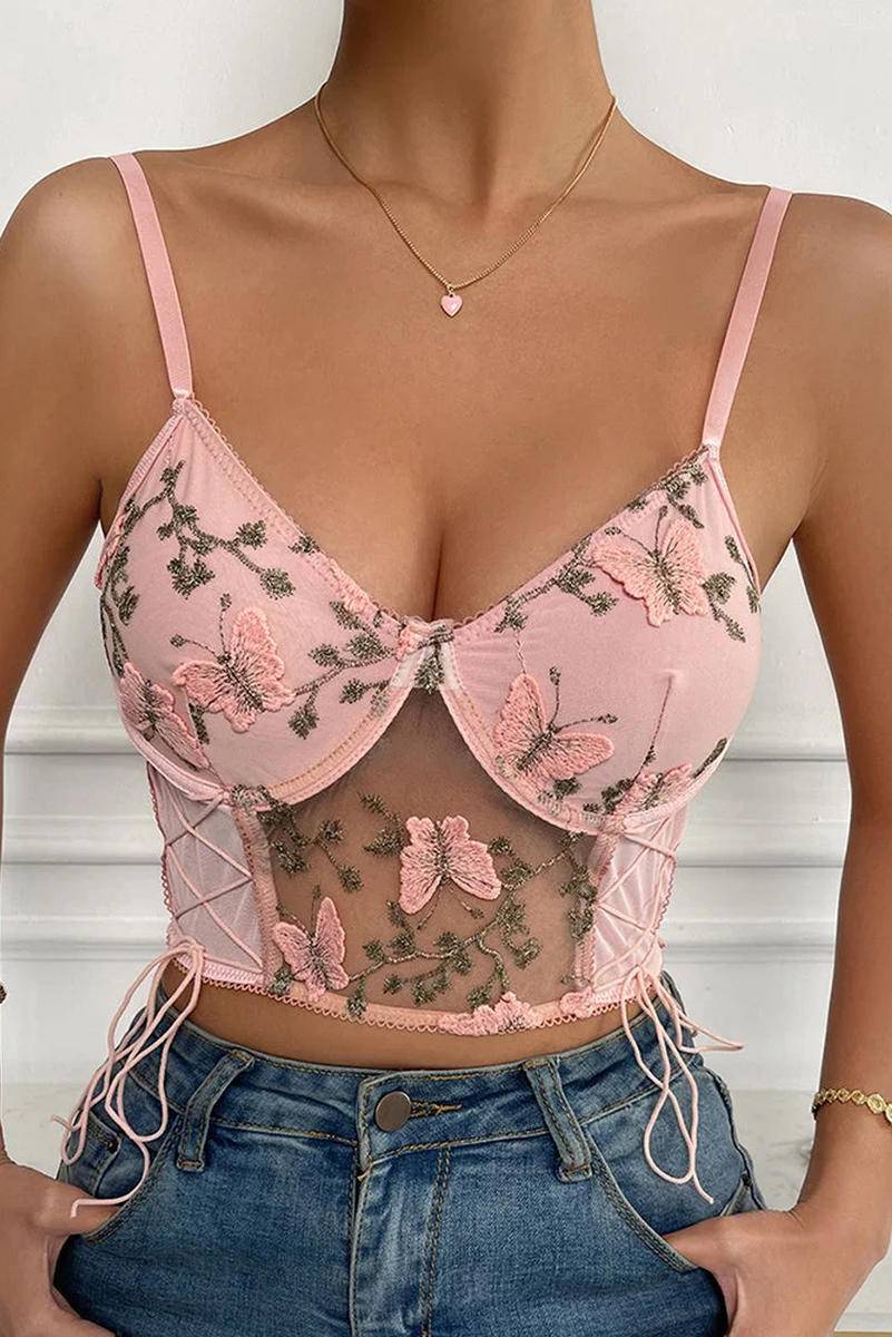 Embroidered Butterfly Side Tie Mesh Bustier Bralette