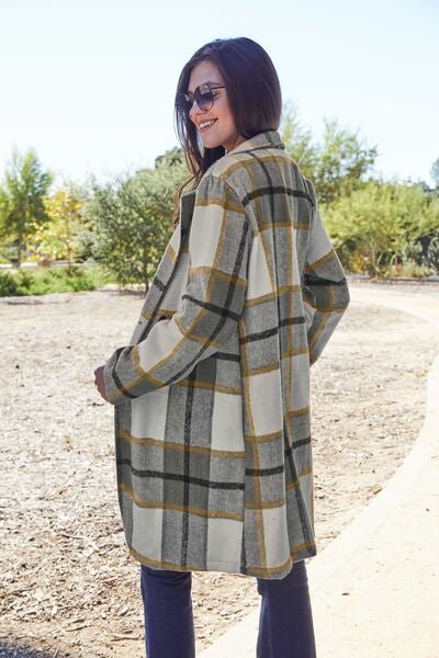 Full Size Plaid Button Up Lapel Collar Coat