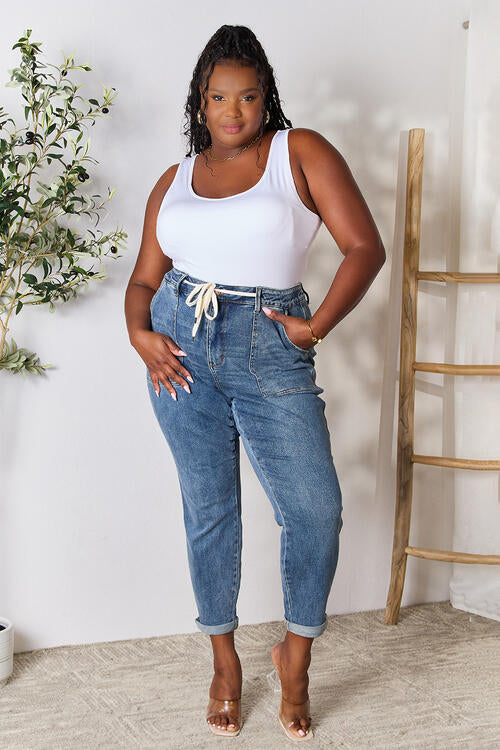 Full Size High Waist Drawstring Denim Jeans