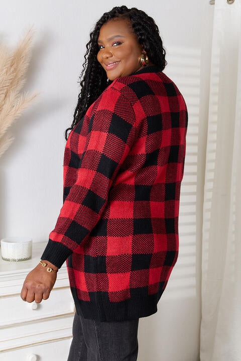 Full Size Plaid Open Front Cardigan with Pockets