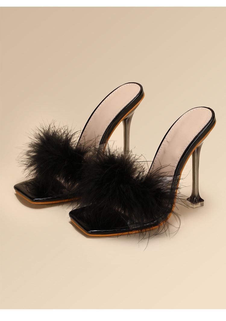 Furry Transparent Broadband Crystal Heels