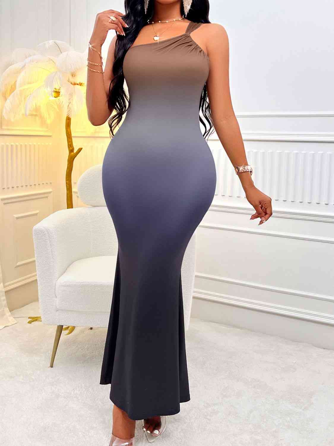 Luxe Gradient Single Shoulder Sleeveless Midi Dress