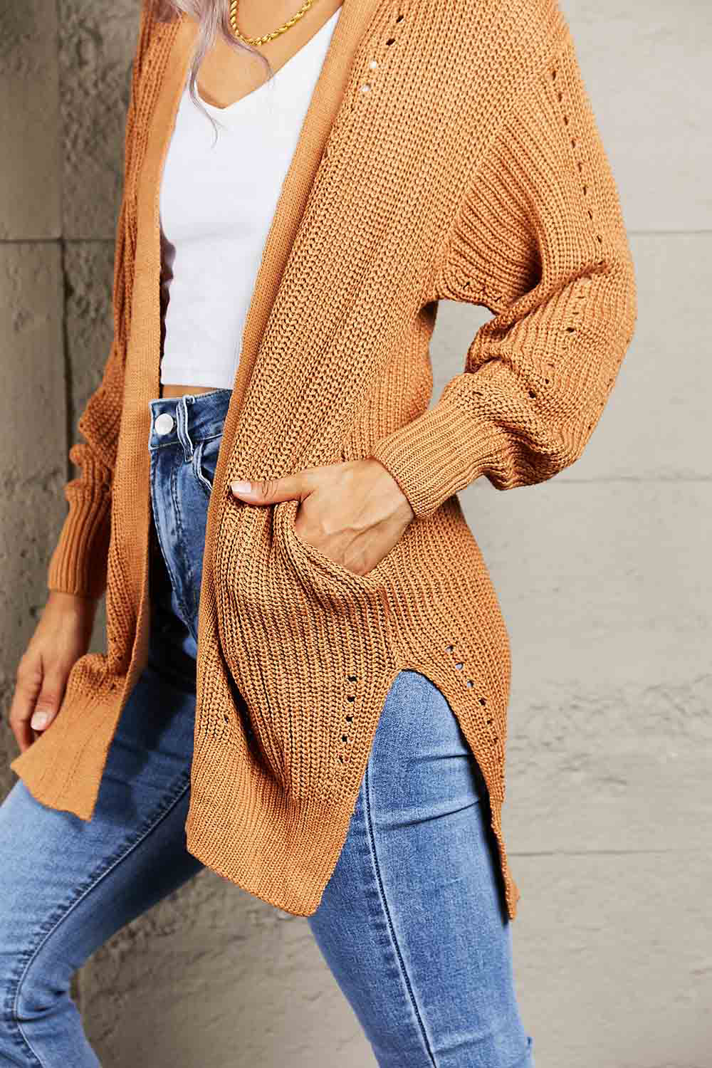 Openwork Rib-Knit Slit Cardigan