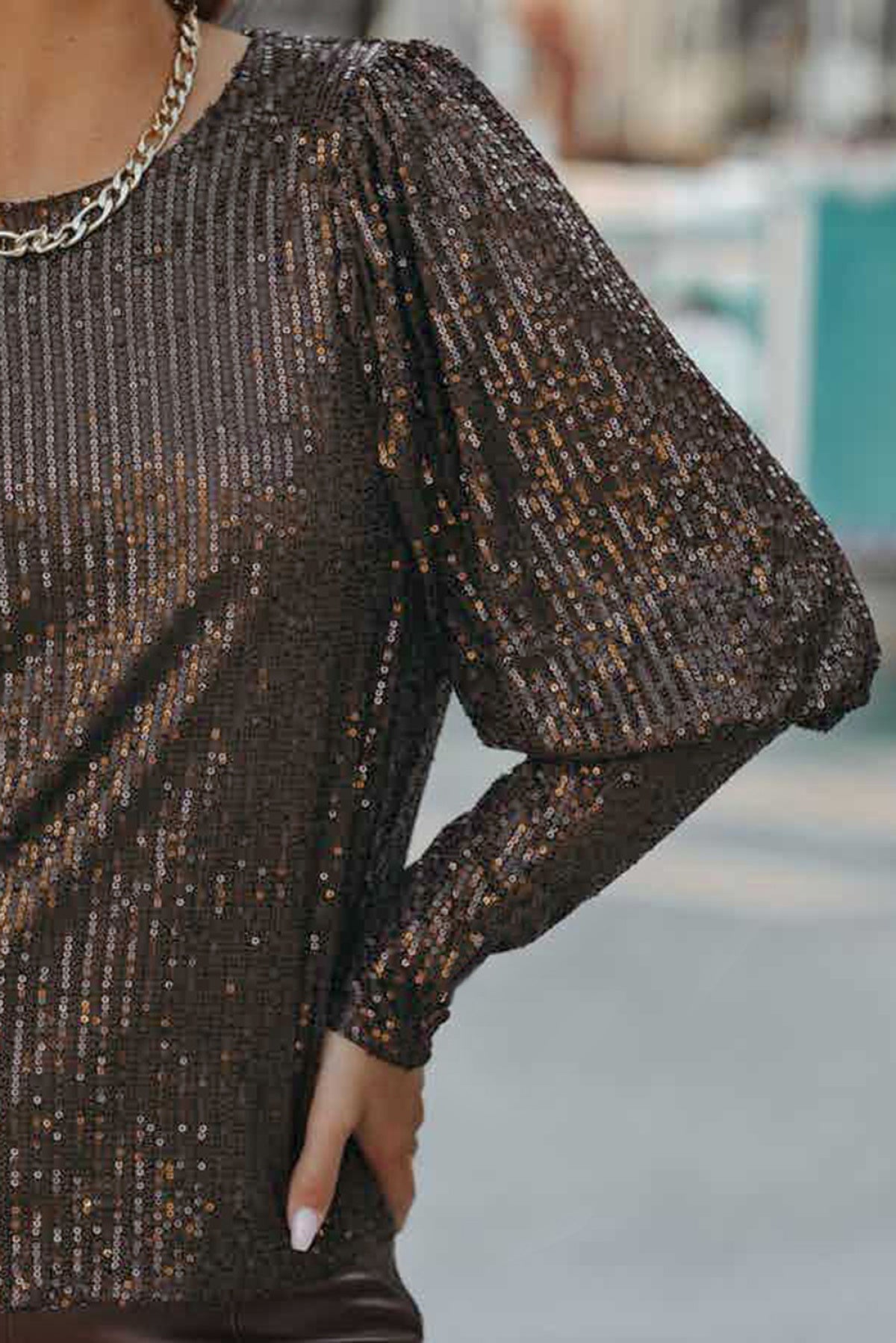 Brown Cuffed Sequin Top