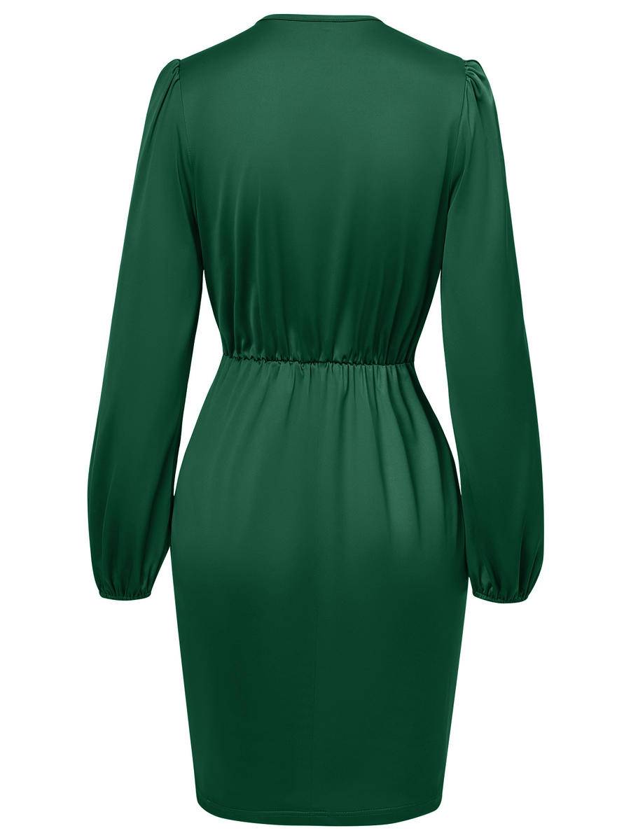 Solid Wrapped Balloon Sleeve Tie Waist Dress