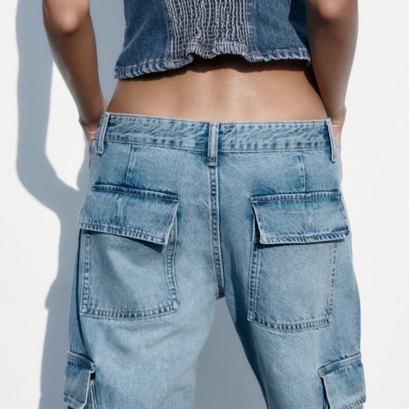 Mid Waist Cargo Jeans