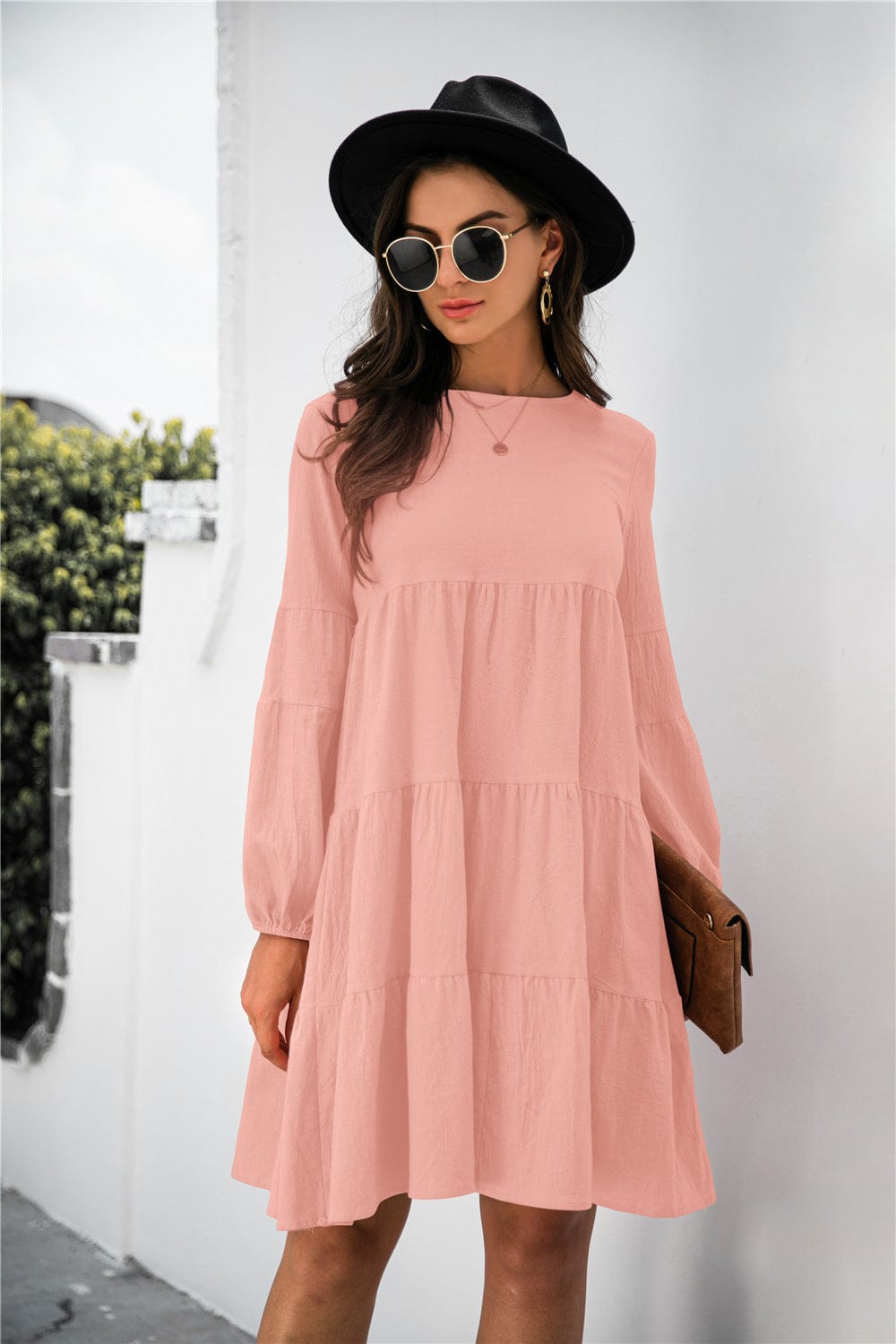 Balloon Sleeve Keyhole Tiered Dress