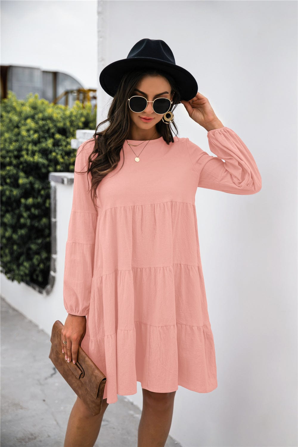 Balloon Sleeve Keyhole Tiered Dress