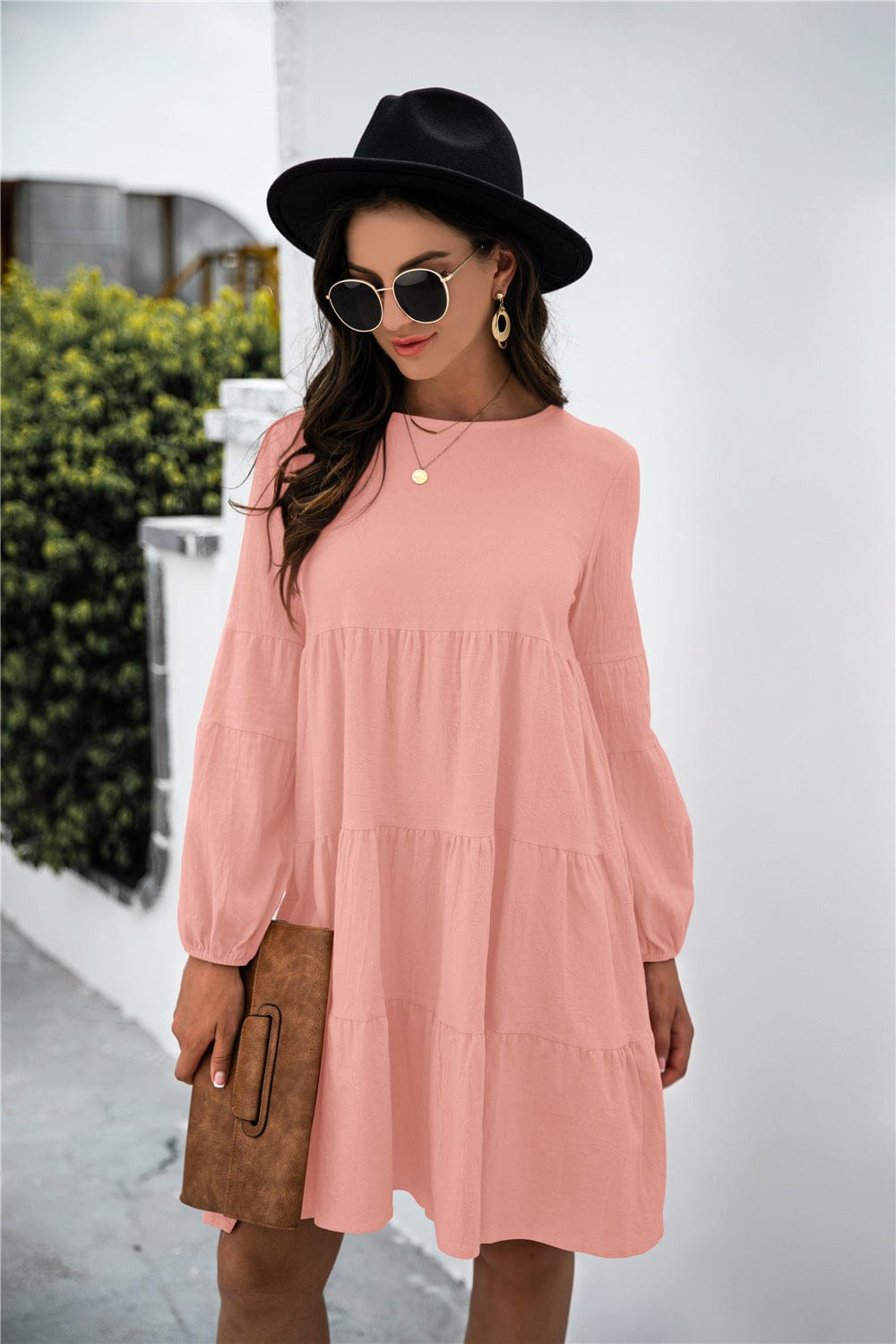 Balloon Sleeve Keyhole Tiered Dress