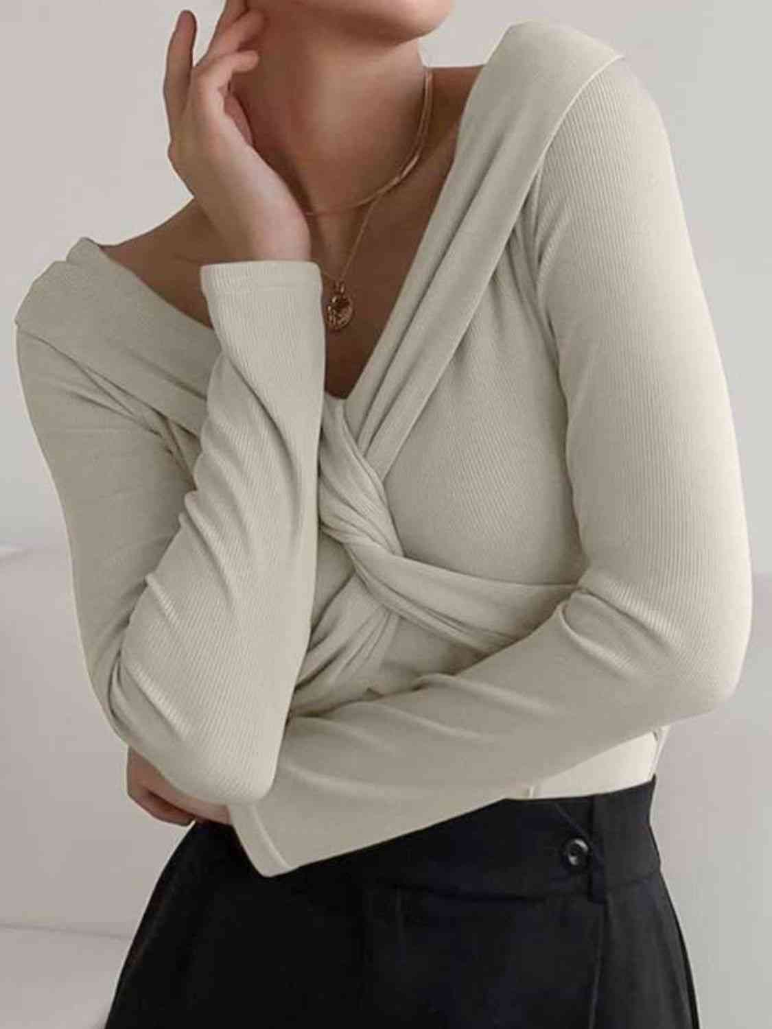 In Charge V-Neck Twisted Long Sleeve Knit Top