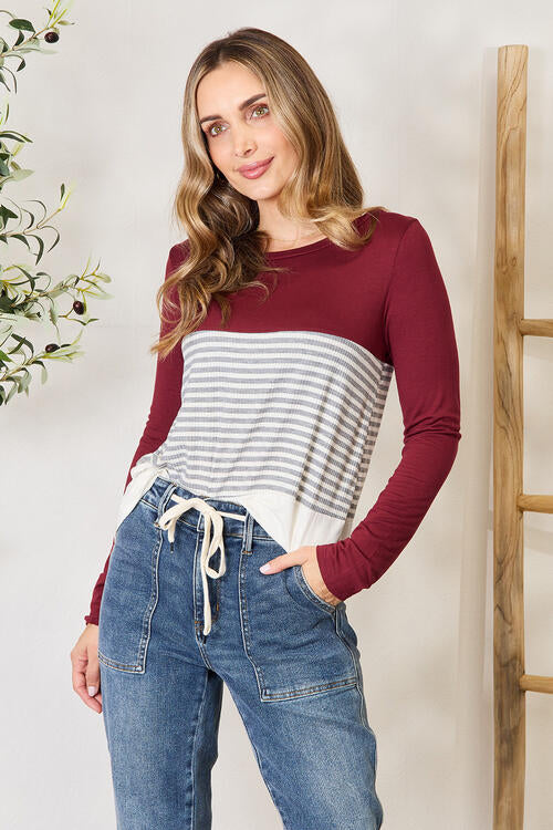 Full Size Striped Contrast Long Sleeve Blouse