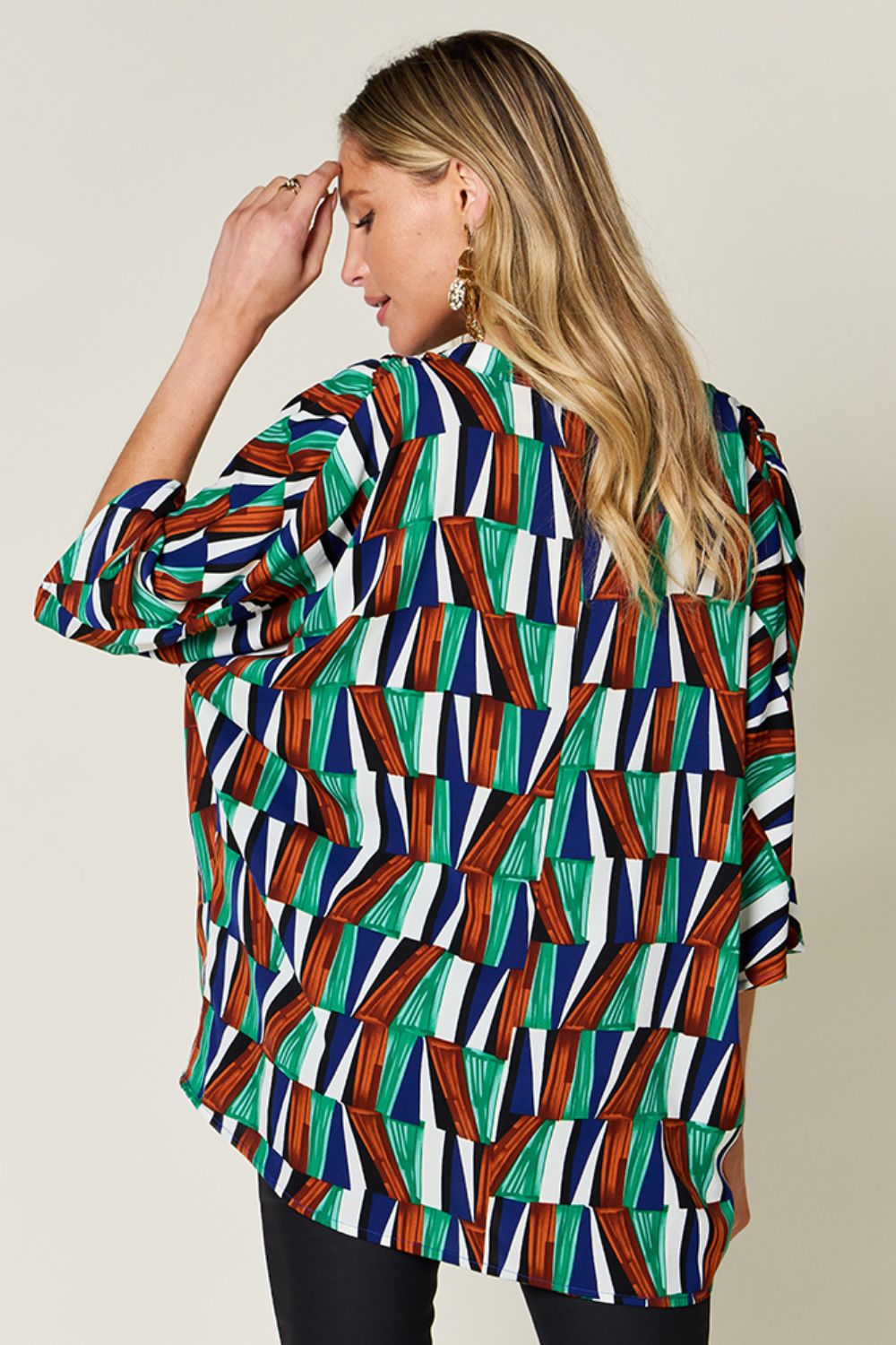 Full Size Geometric Notched Raglan Sleeve Blouse