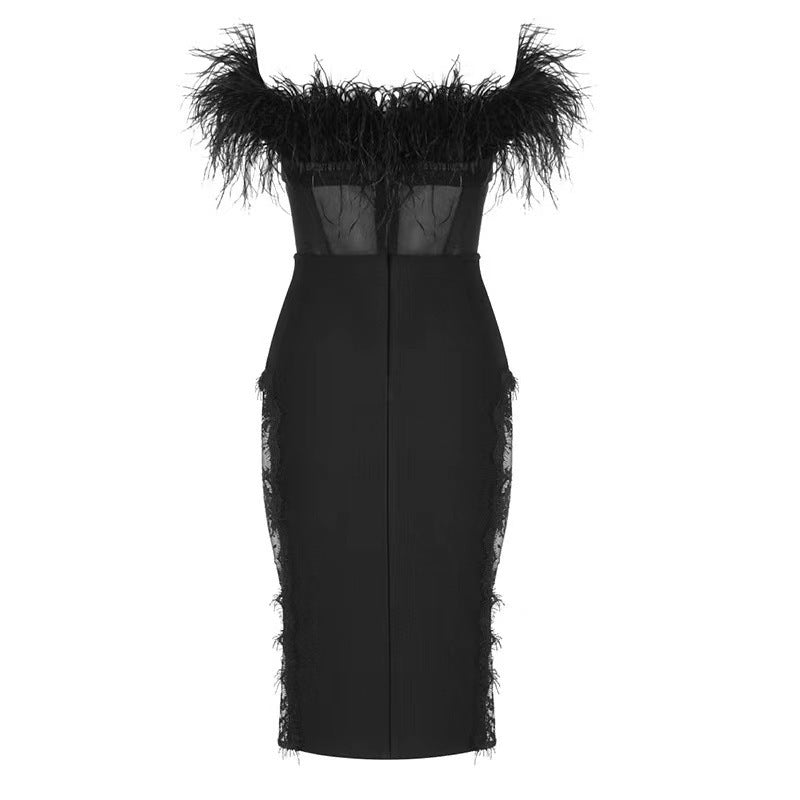 Feather Top and Mesh Lace Bandage Dress