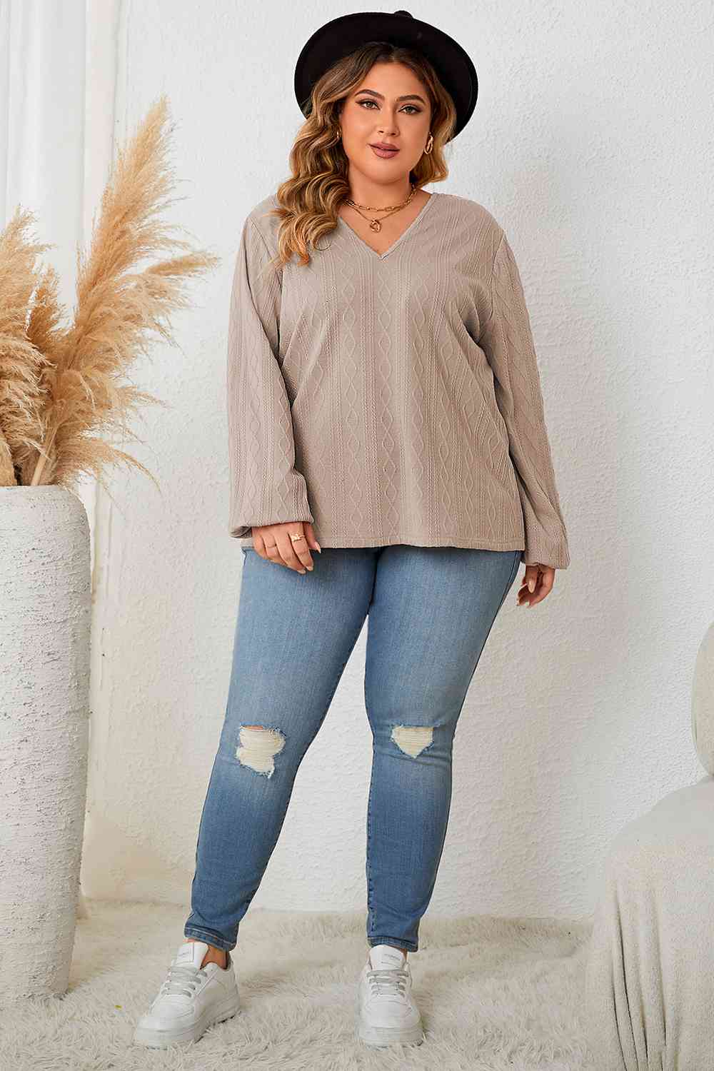 Good Energy Lace Detail V-Neck Long Sleeve Blouse